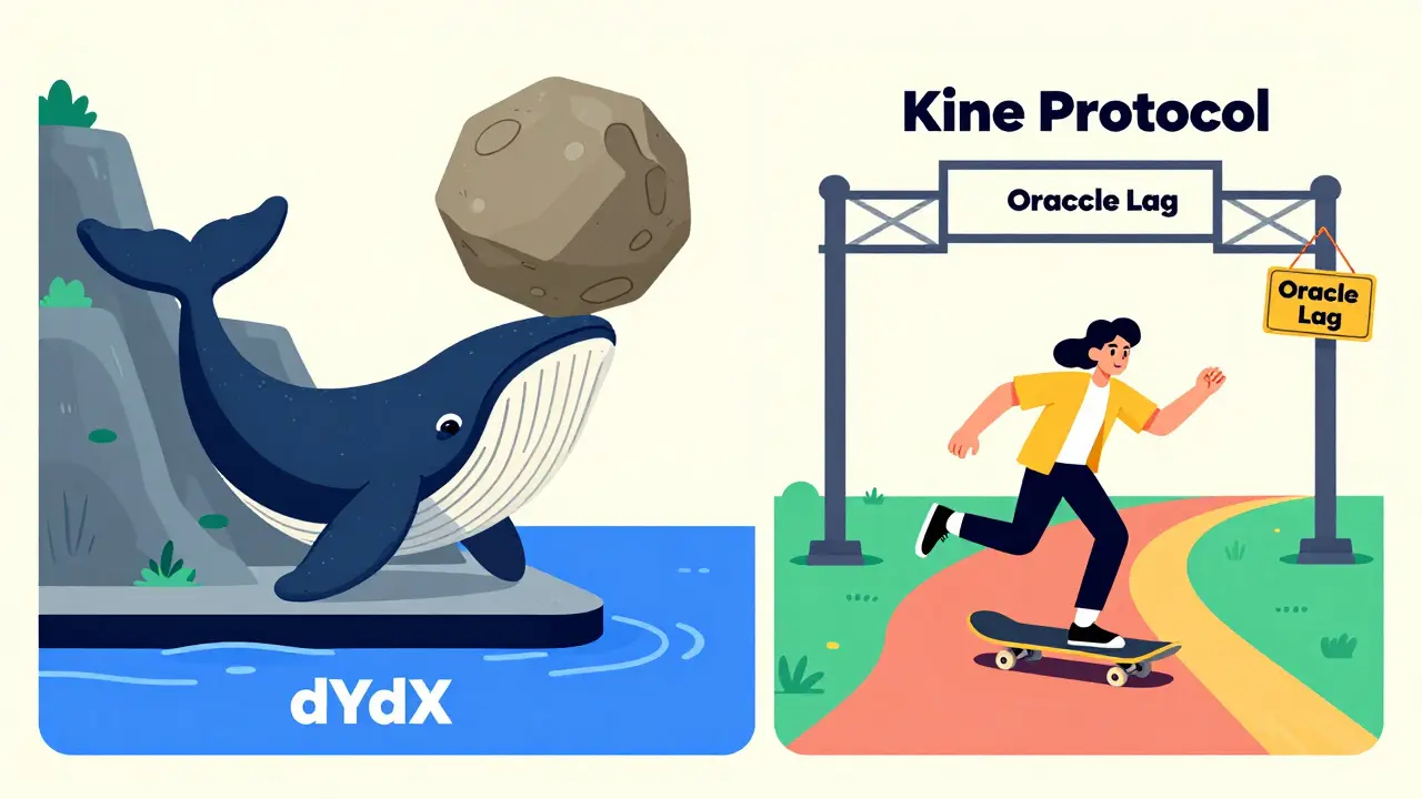 Split cartoon comparing a struggling whale on dYdX to a nimble trader on Kine Protocol across multiple chains.