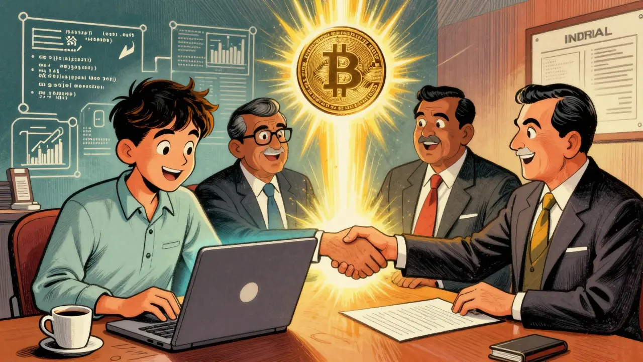 Split view of student coder and corporate execs in retro cartoon style showing dual adoption.