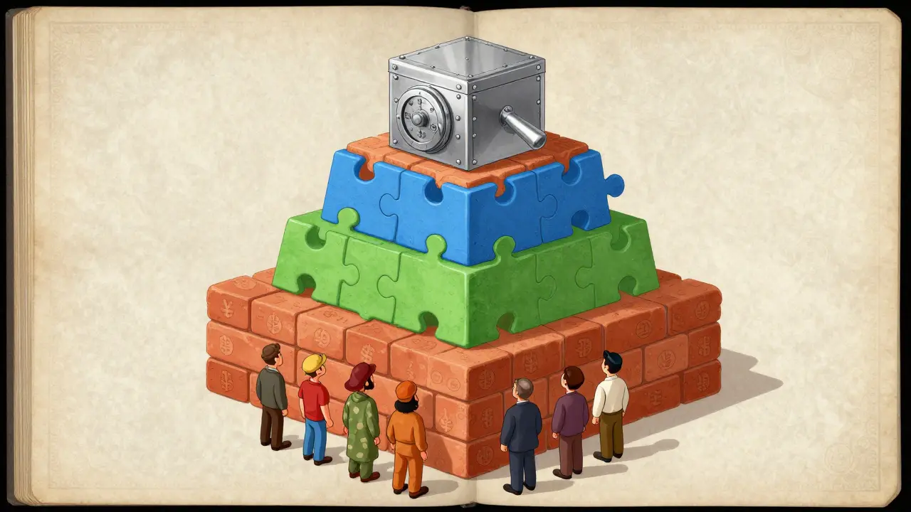Three-layer pyramid of fiat, stablecoins, and CBDCs with people observing the structure
