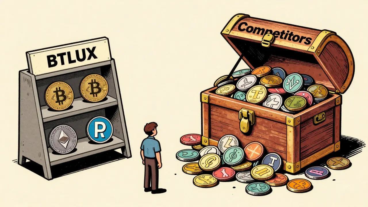 Tiny shelf with four coins vs overflowing treasure chest of altcoins, retro art