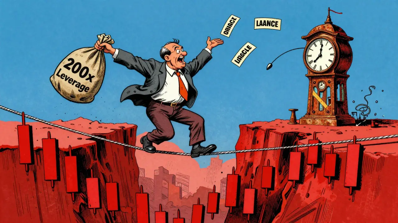 Trader balancing on a tightrope with leverage, chasing delayed prices from a rusty clock tower amidst market volatility.