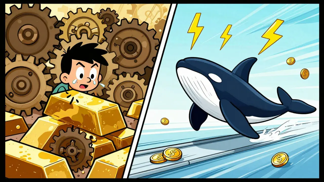 Vintage cartoon contrasting slow Ethereum fees with fast Solana trading