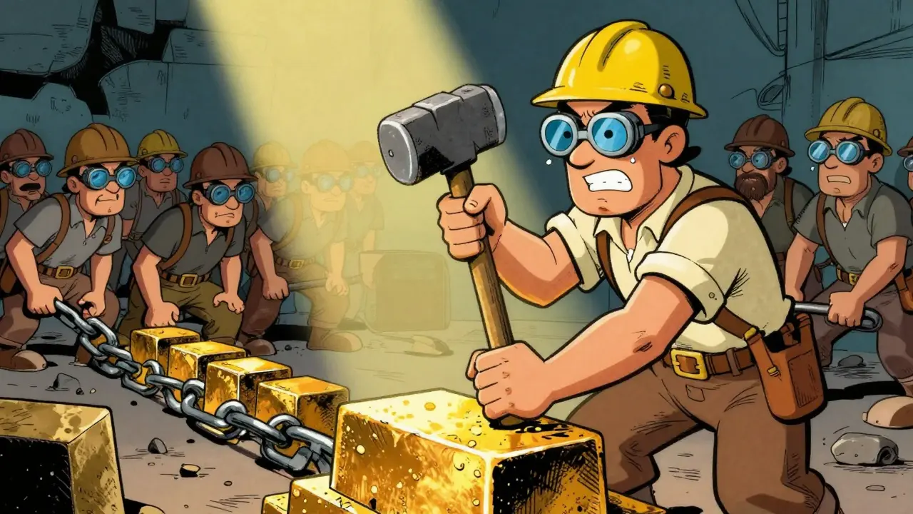 Vintage cartoon miner securing a blockchain block with heavy effort