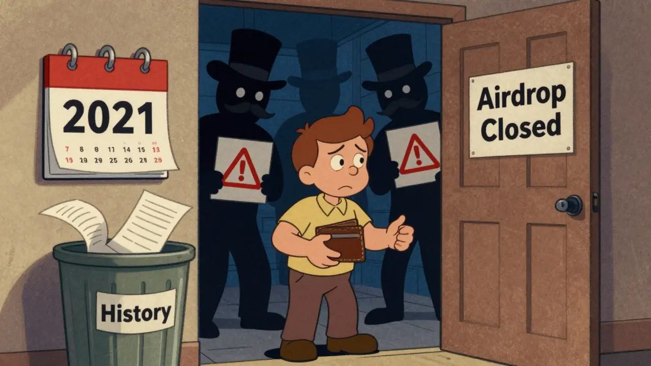 Vintage cartoon showing closed 2021 airdrop doors and scam warnings