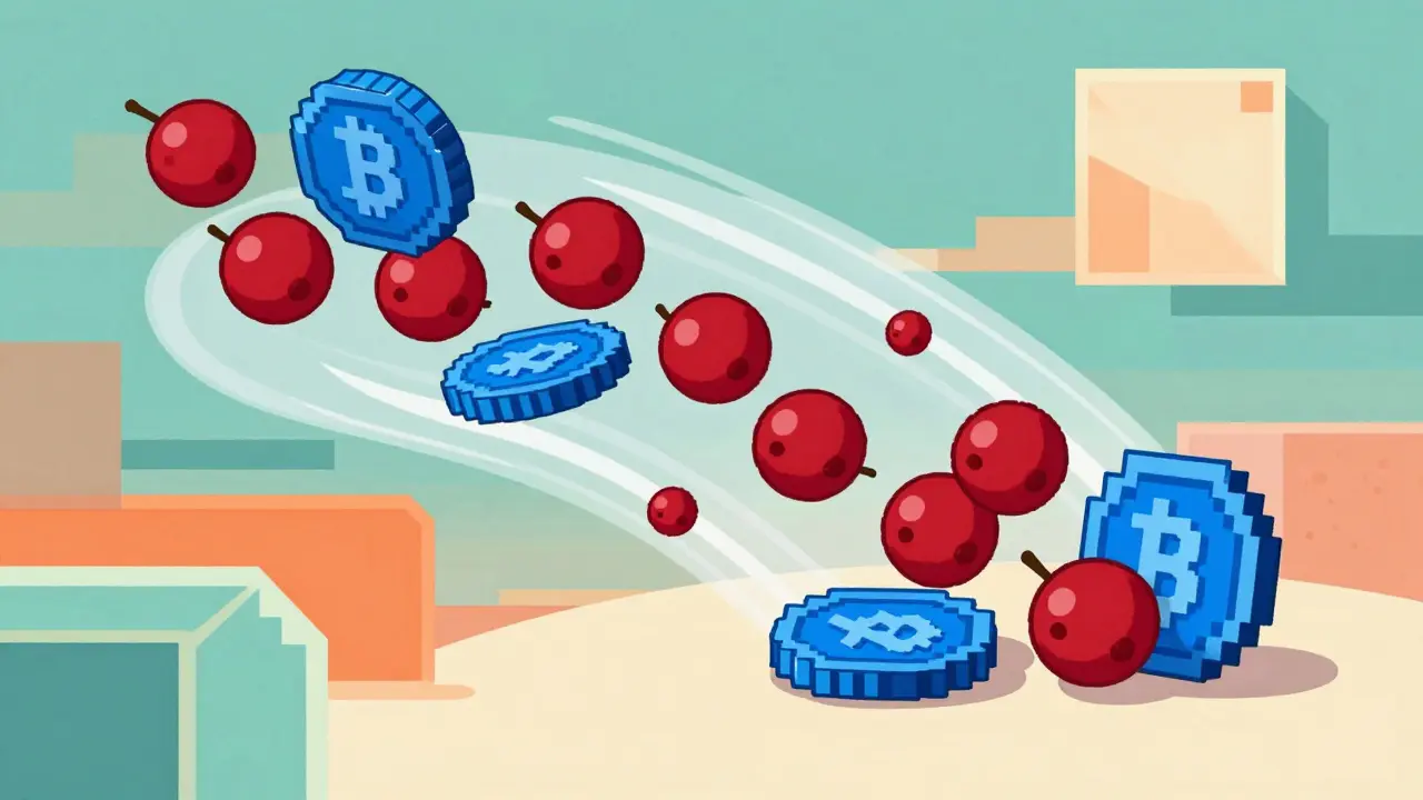 Vintage cartoon showing red berries transforming into blue PIXEL coins in a swirl.