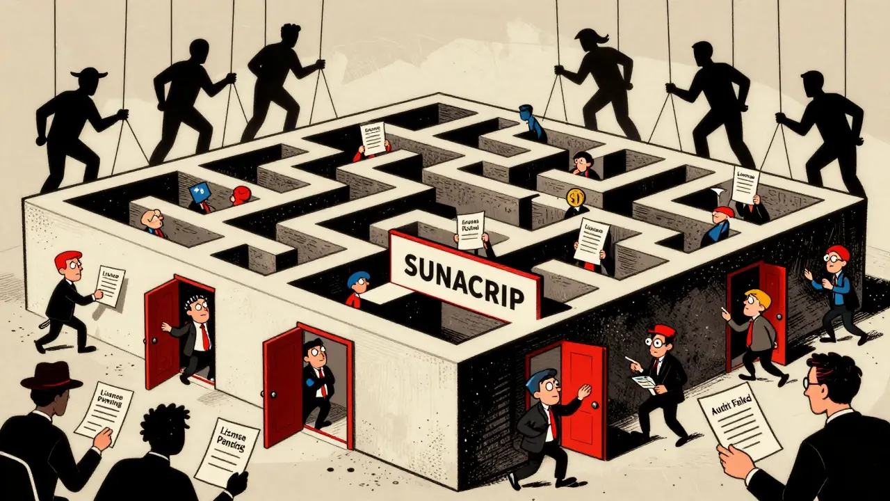 Vintage cartoon showing regulatory maze and political risks for miners