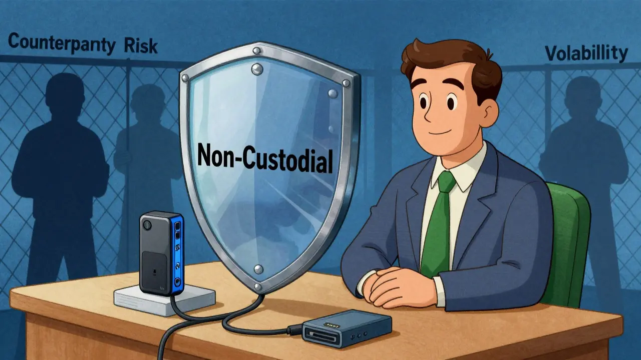 Vintage cartoon showing secure non-custodial hardware wallet setup