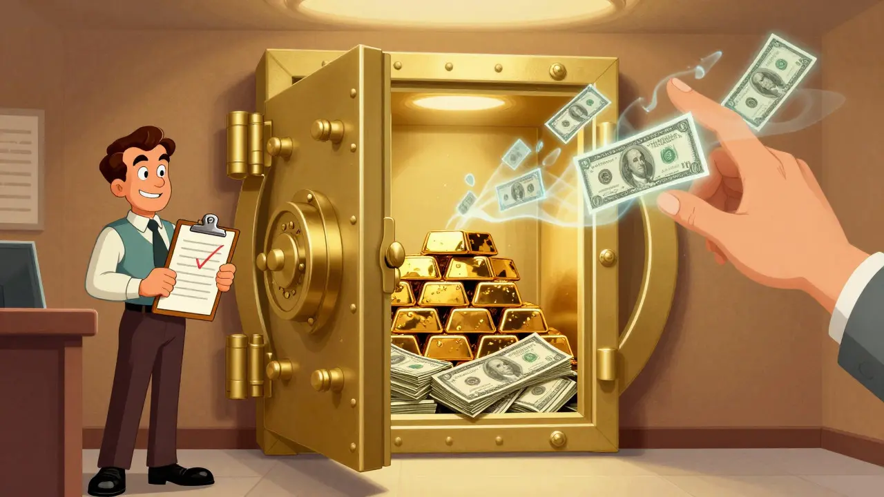 A secure vault filled with cash and treasury bills, guarded by a compliant banker.