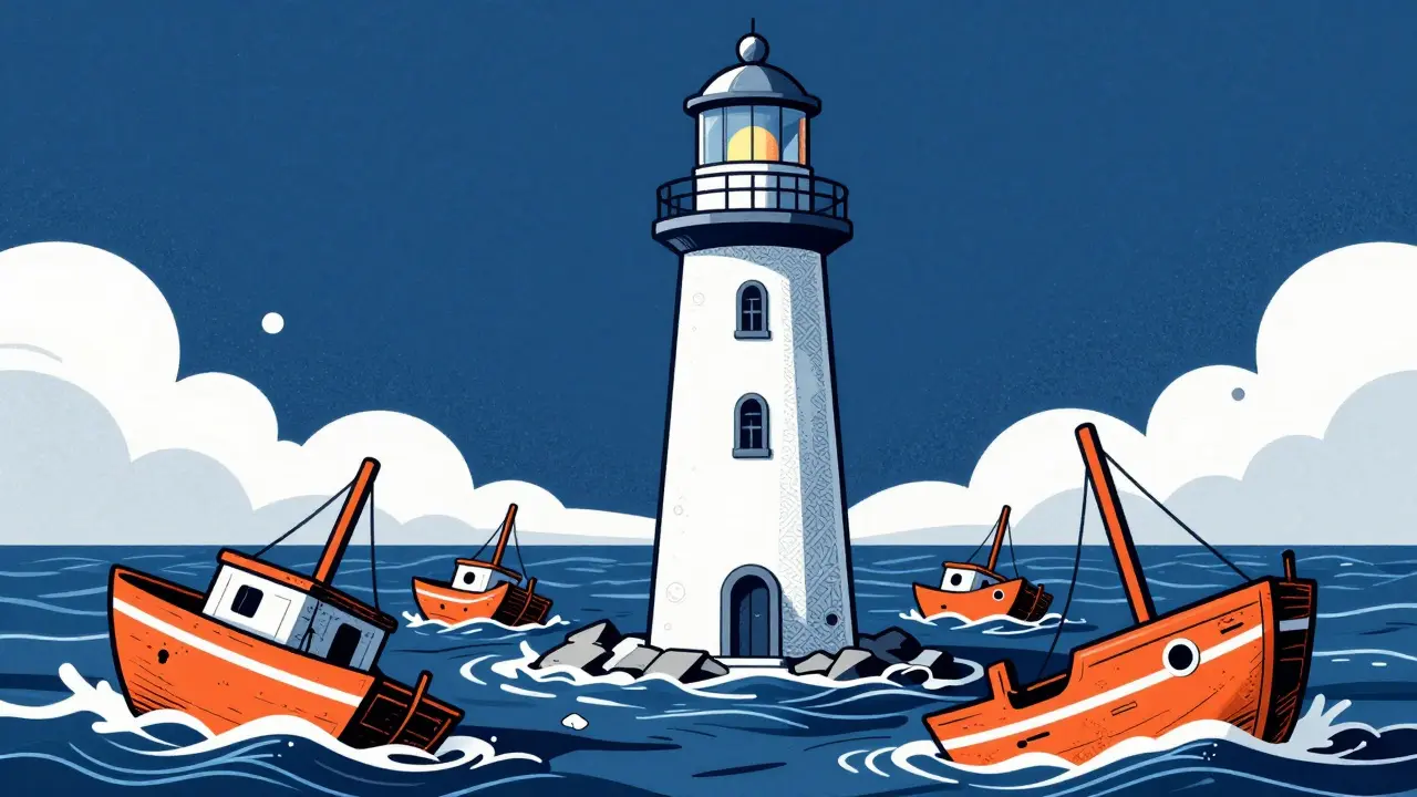 A strong lighthouse surviving a storm while weaker boats sink