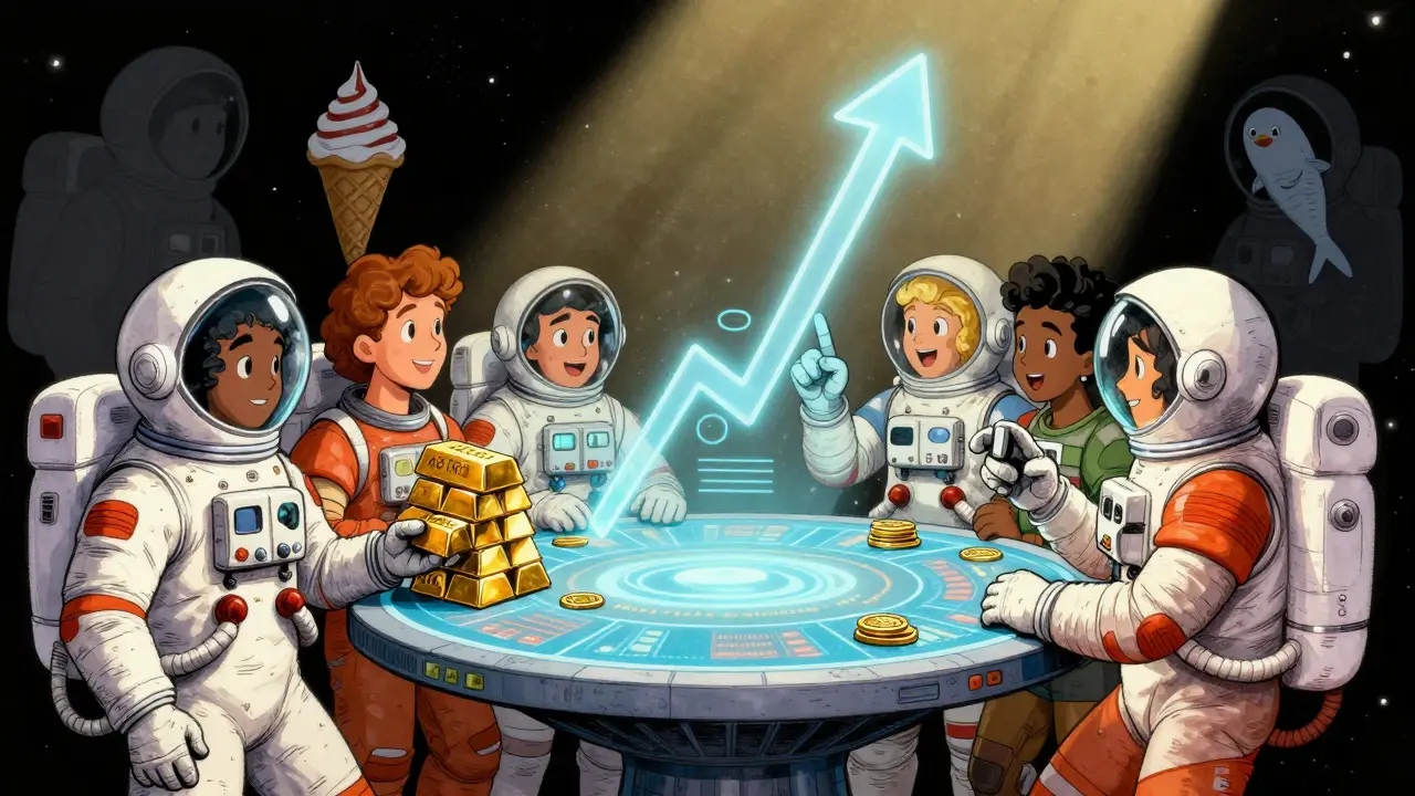 Astronauts trading ASTRO tokens around a holographic table in space.
