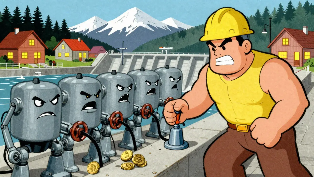 BC Hydro dam character cutting power to crypto miners to protect residential supply.