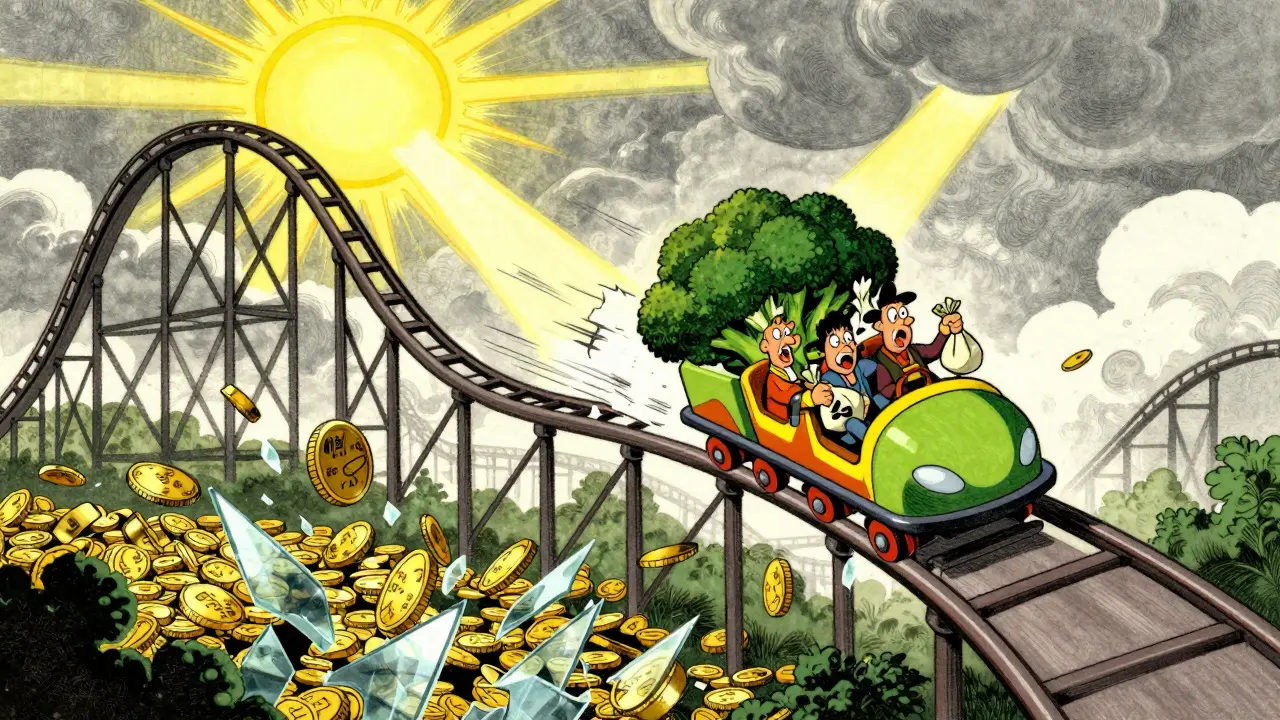 Broccoli-shaped rollercoaster twisting through volatile clouds