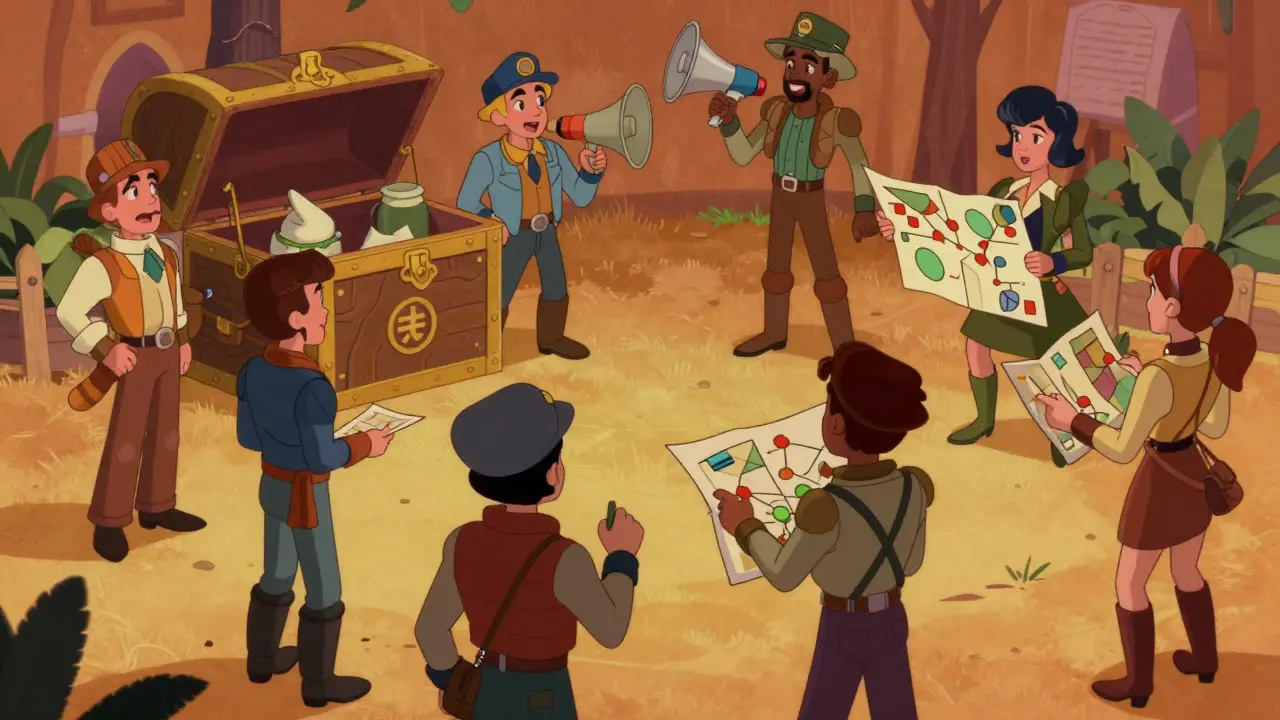 Cartoon characters gathering around a treasure chest in a retro gaming hub