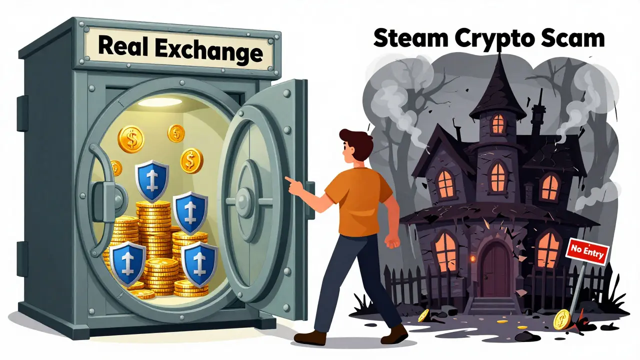 Cartoon comparing secure real exchange vault to spooky steam scam house