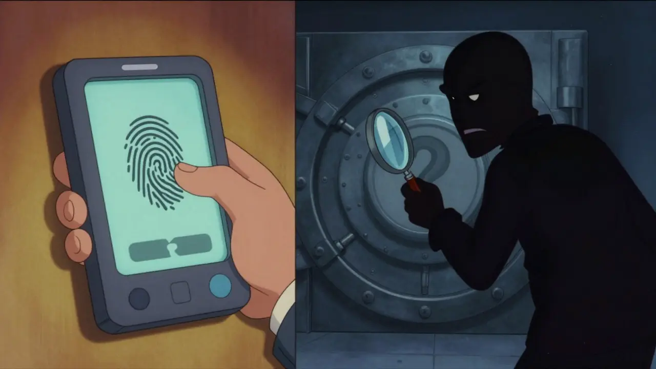 Cartoon comparison of biometric login vs missing audits