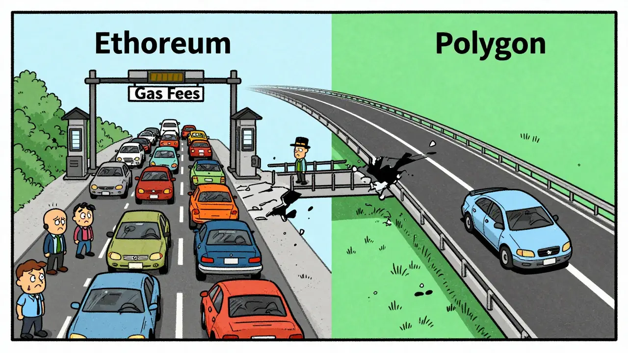 Cartoon comparison of slow Ethereum traffic vs fast Polygon highway