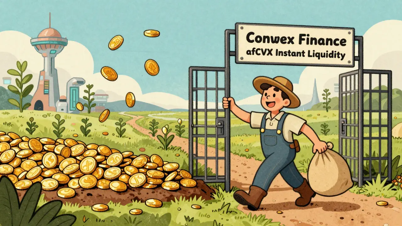 Cartoon farmer harvesting yields with instant liquidity, no lockup cages