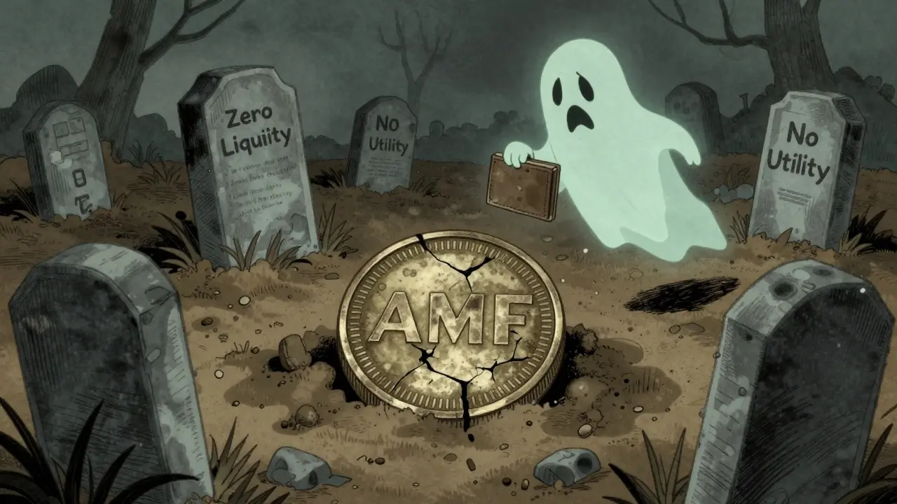 Cartoon graveyard with buried AMF coin and ghostly user