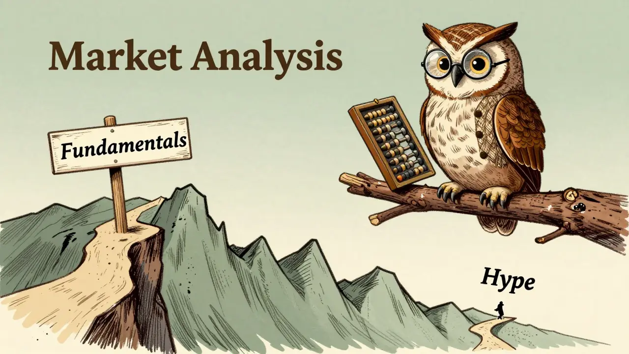 Cartoon owl analyzing market risks on a branch overlooking volatile charts