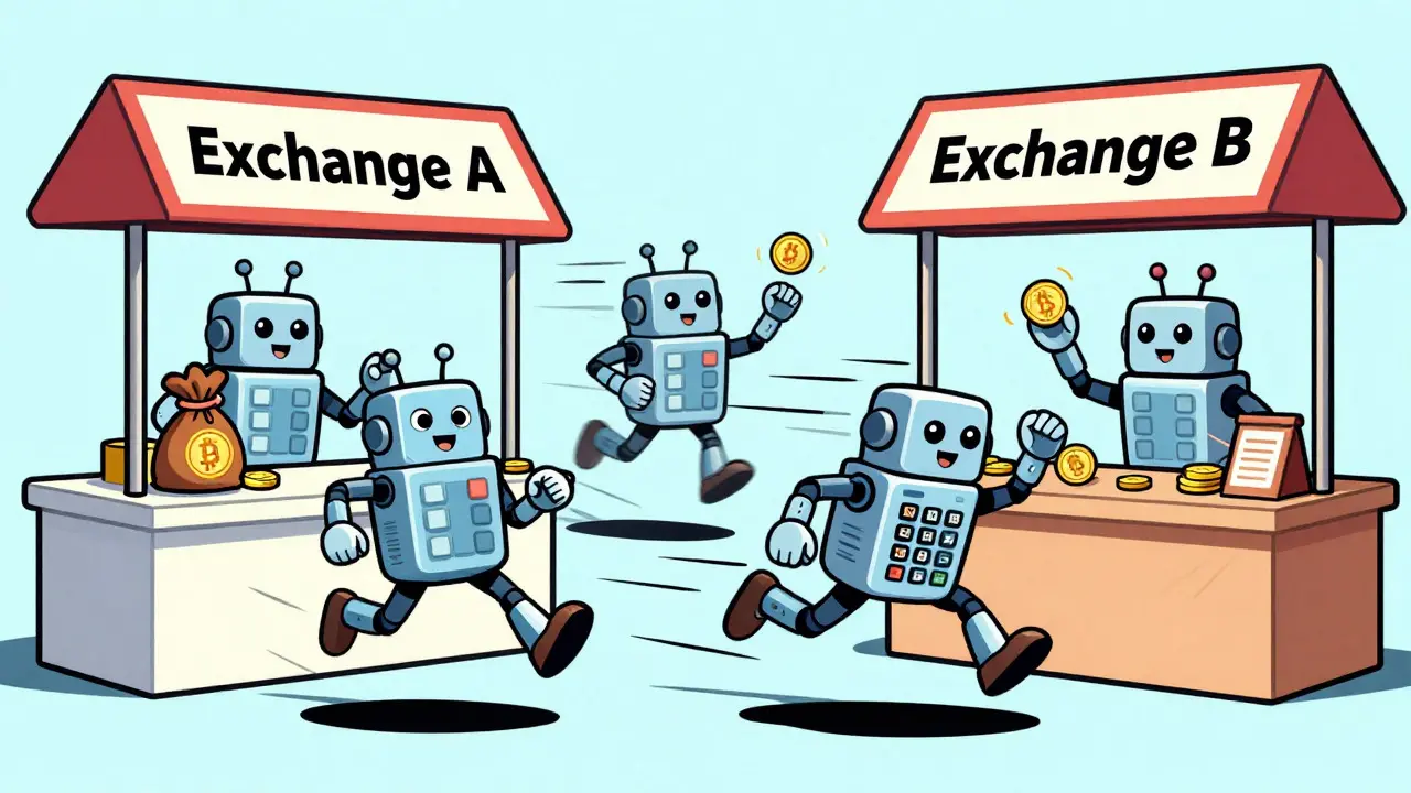 Cartoon robots performing arbitrage between two exchange stalls quickly