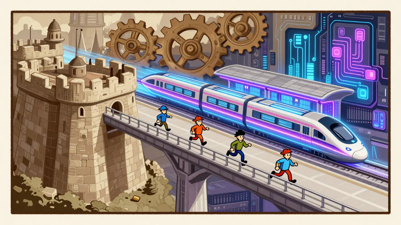 Cartoon showing a hybrid blockchain ecosystem bridging security and speed components.