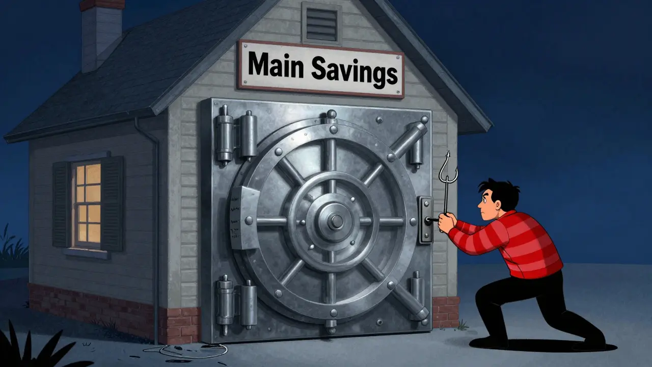 Cartoon showing a secure burner wallet protecting main savings from a sneaky crypto thief.