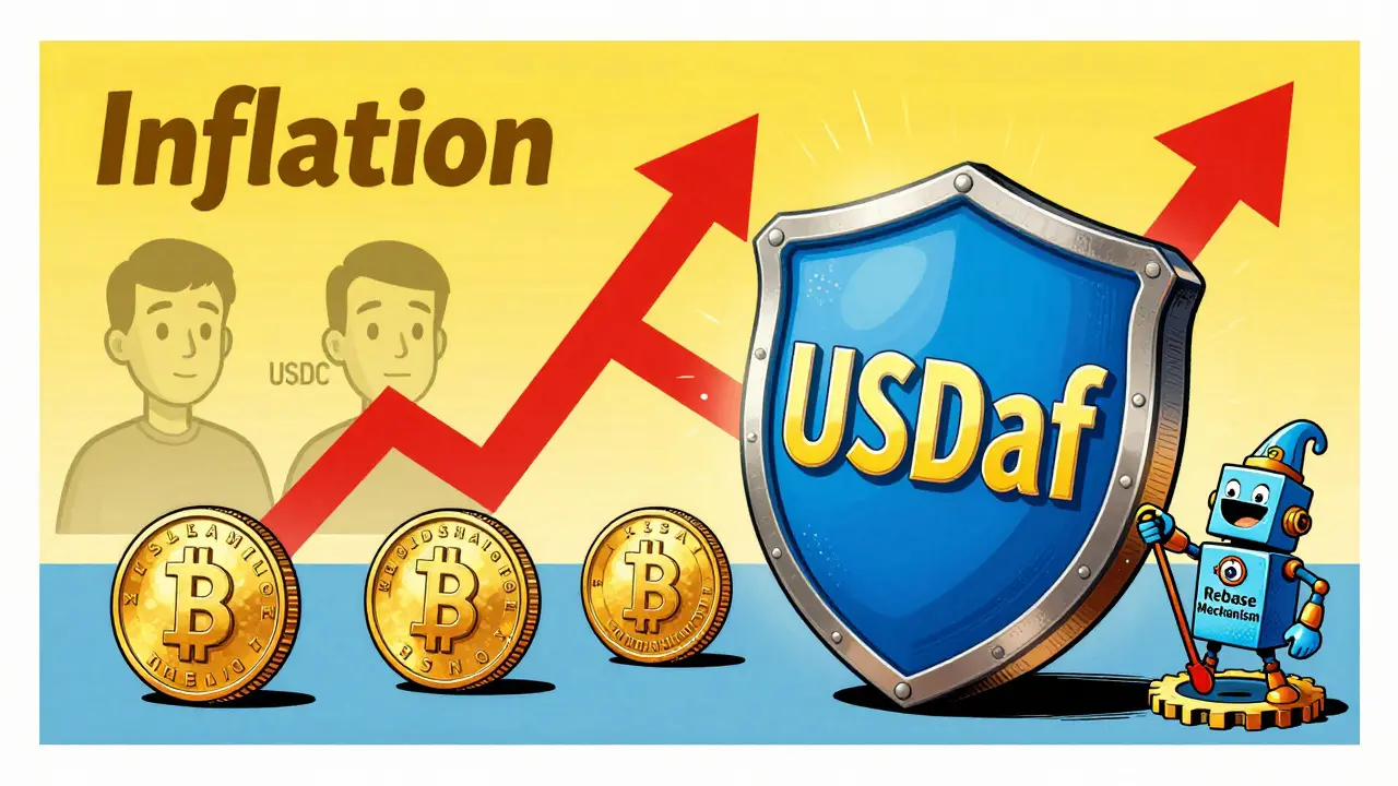 Cartoon USDaf coin shielding against inflation arrows with rebase gears