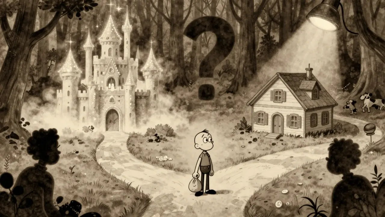 Cautious character at crossroads in surreal digital forest