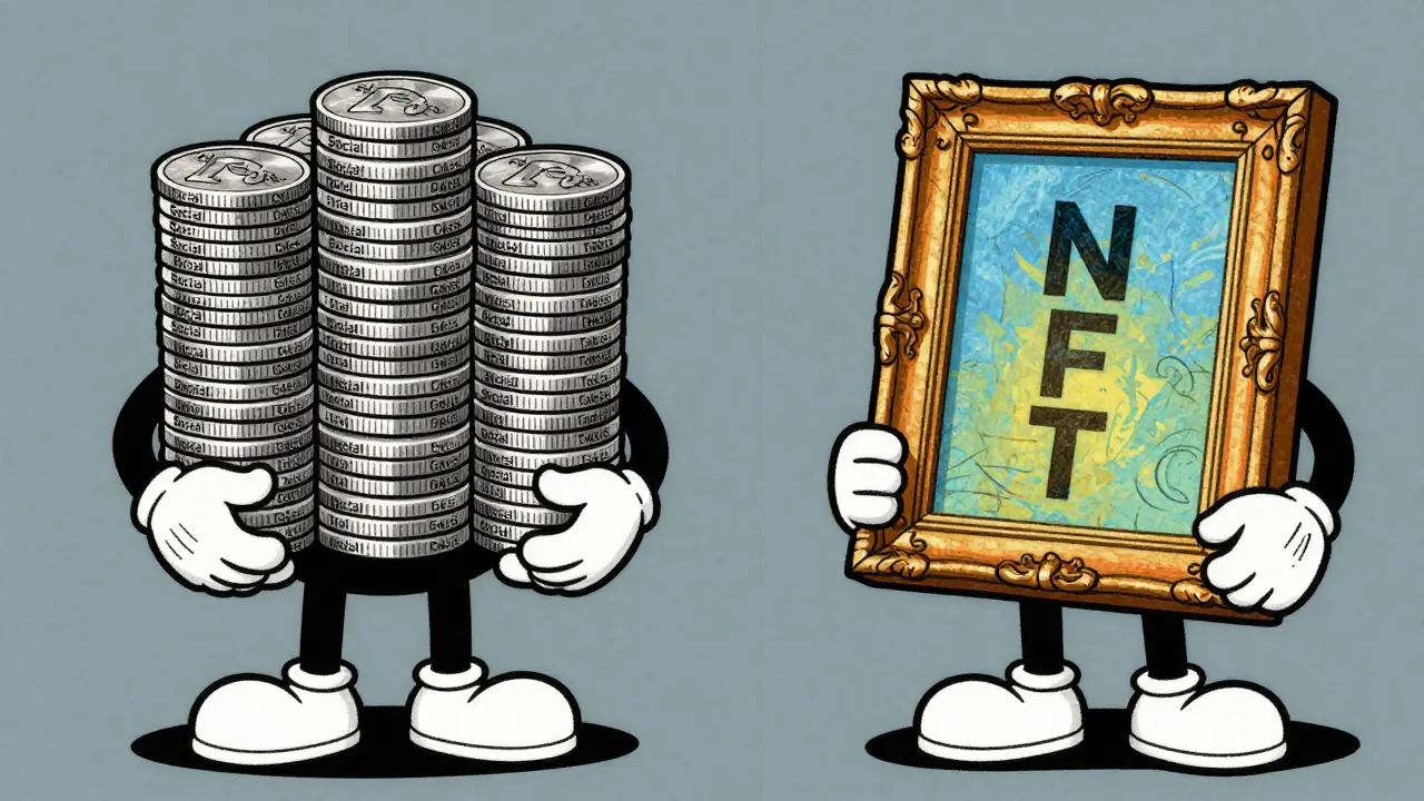 Comparison of uniform tokens vs unique art in vintage cartoon