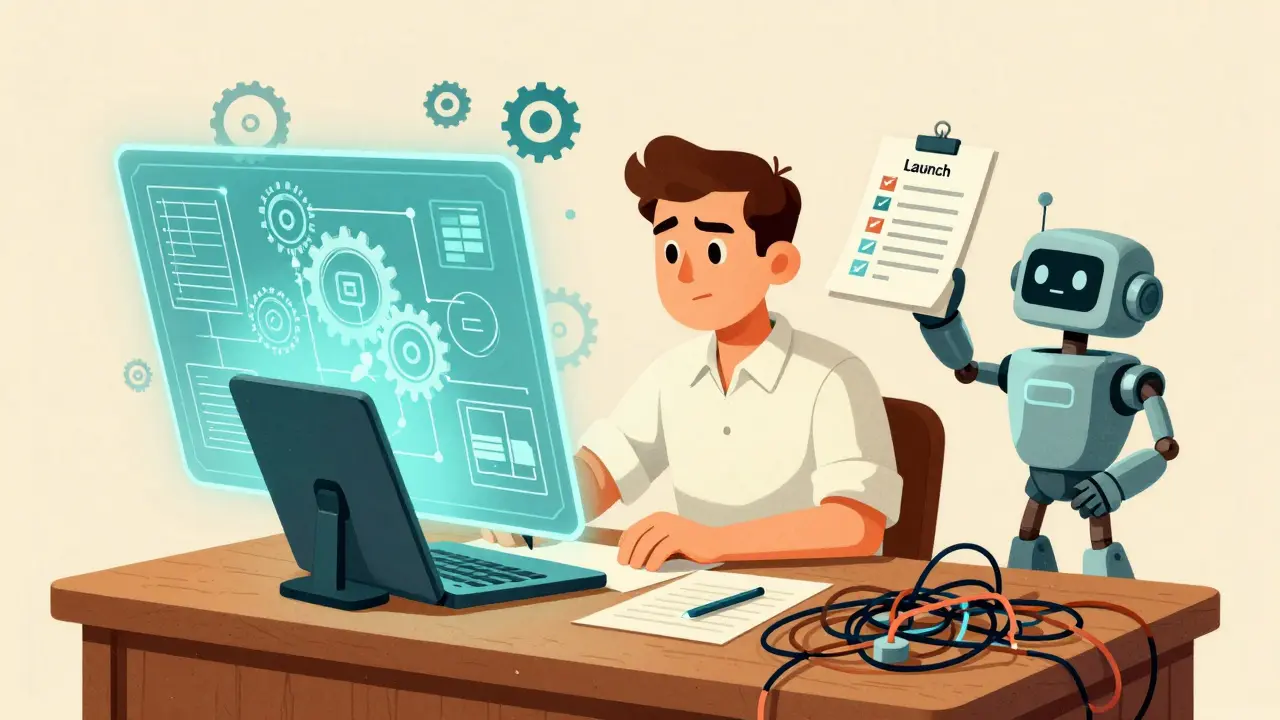Creator planning token launch with tech blueprints in vintage cartoon