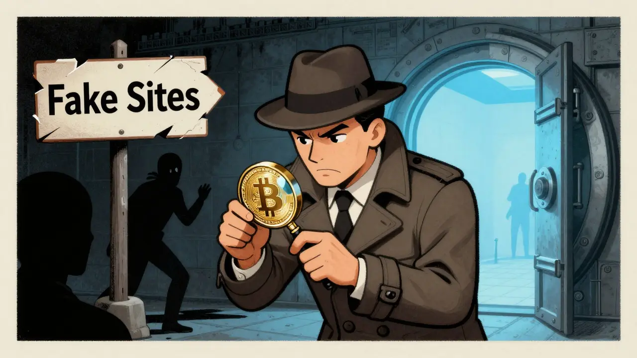 Detective inspecting a coin with a magnifying glass near a secure vault