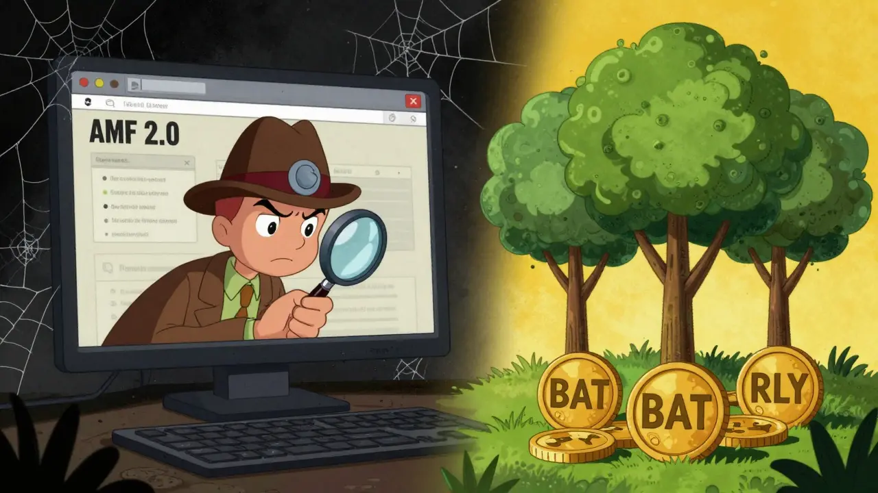 Detective inspecting dusty AMF site vs healthy alt coins