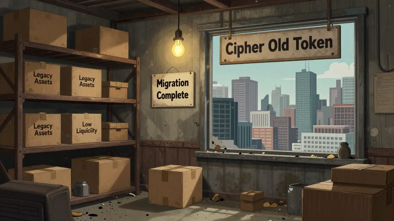 Dusty warehouse of legacy crypto tokens in vintage illustration style