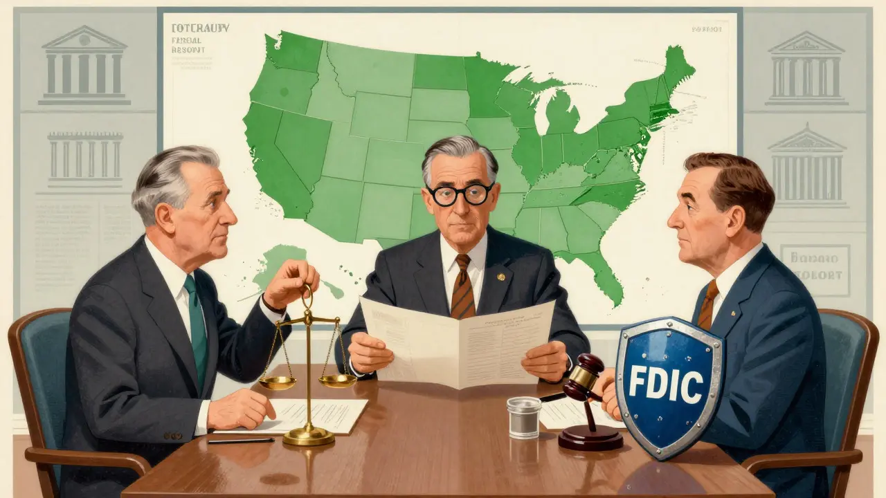 Government officials review a map of the US, ensuring stablecoin regulatory alignment.