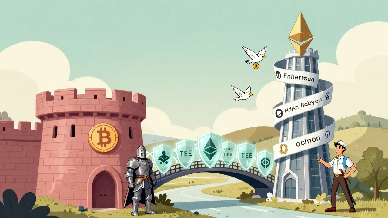 Illustration of a bridge connecting a Bitcoin fortress and an Ethereum tower.