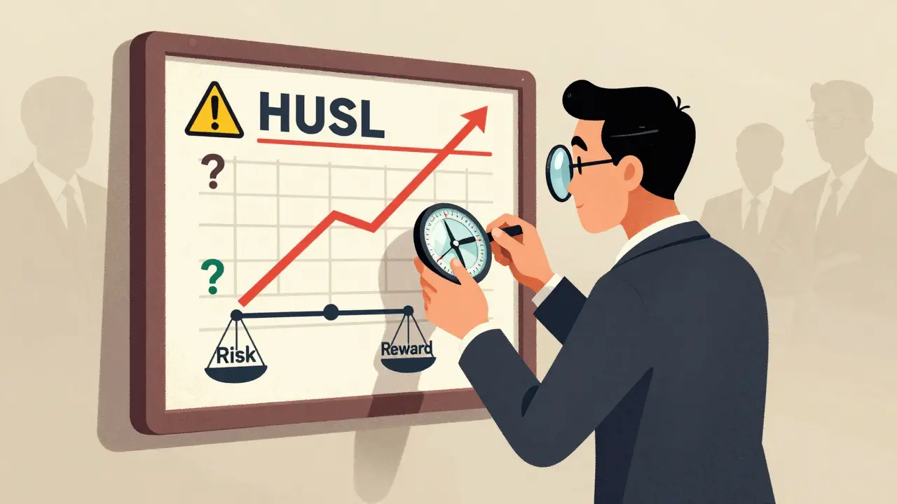 Illustration of investor analyzing HUSL token risks and rewards with magnifying glass