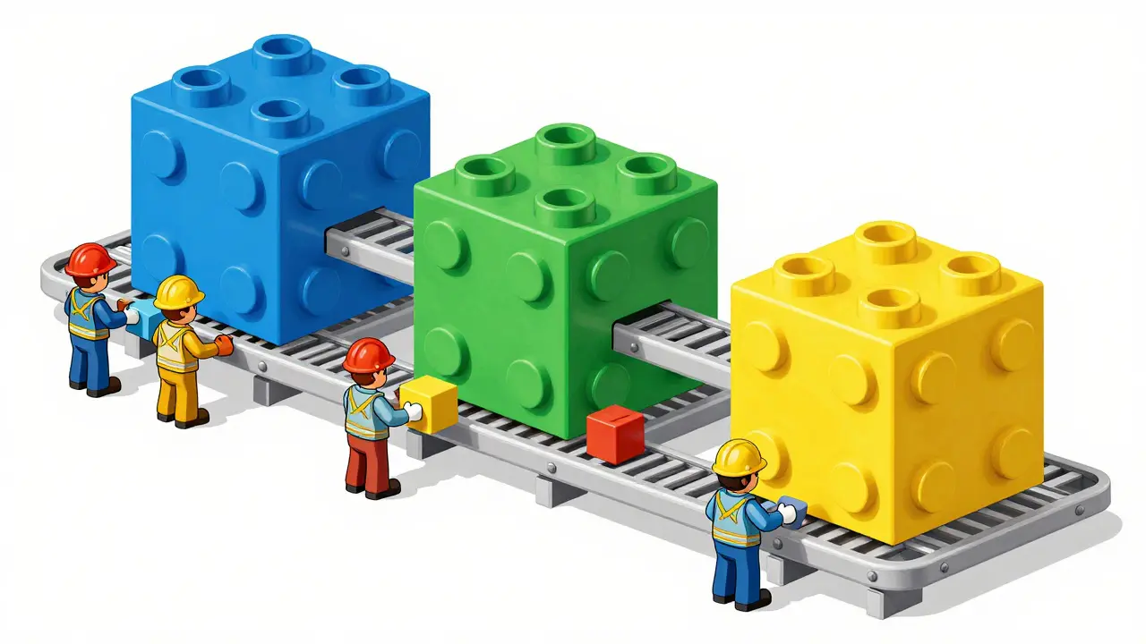 Illustration of modular blockchain layers being built by specialized teams on a construction site.
