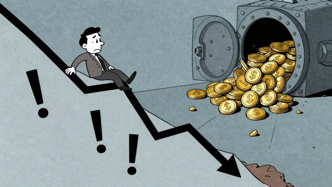 Investor sliding down a crashing price chart in vintage art