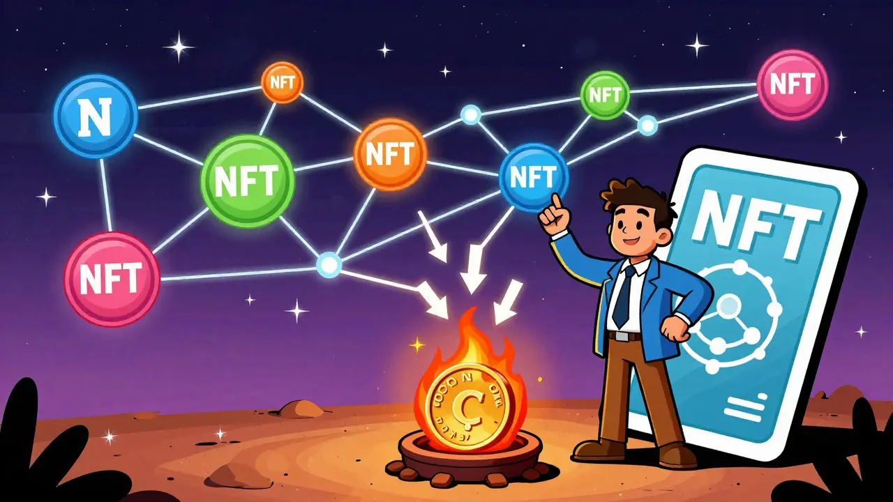 Network of NFT supernodes and burning COINS tokens in vintage art