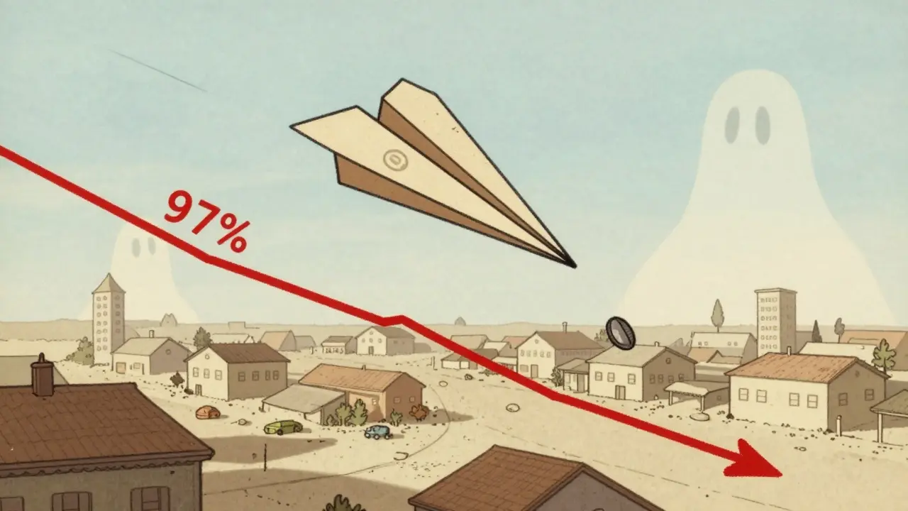 Paper airplane falling past a steep red decline chart in an empty town