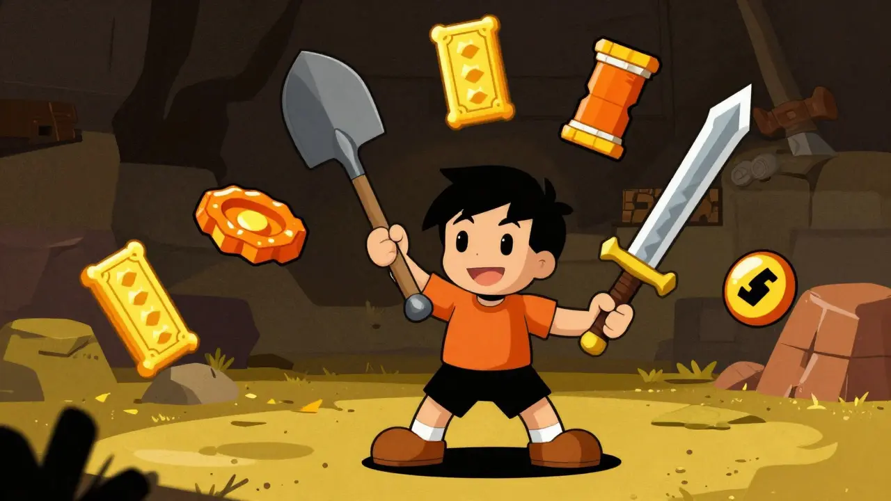 Player juggling mining tools and NFT gear in retro illustration