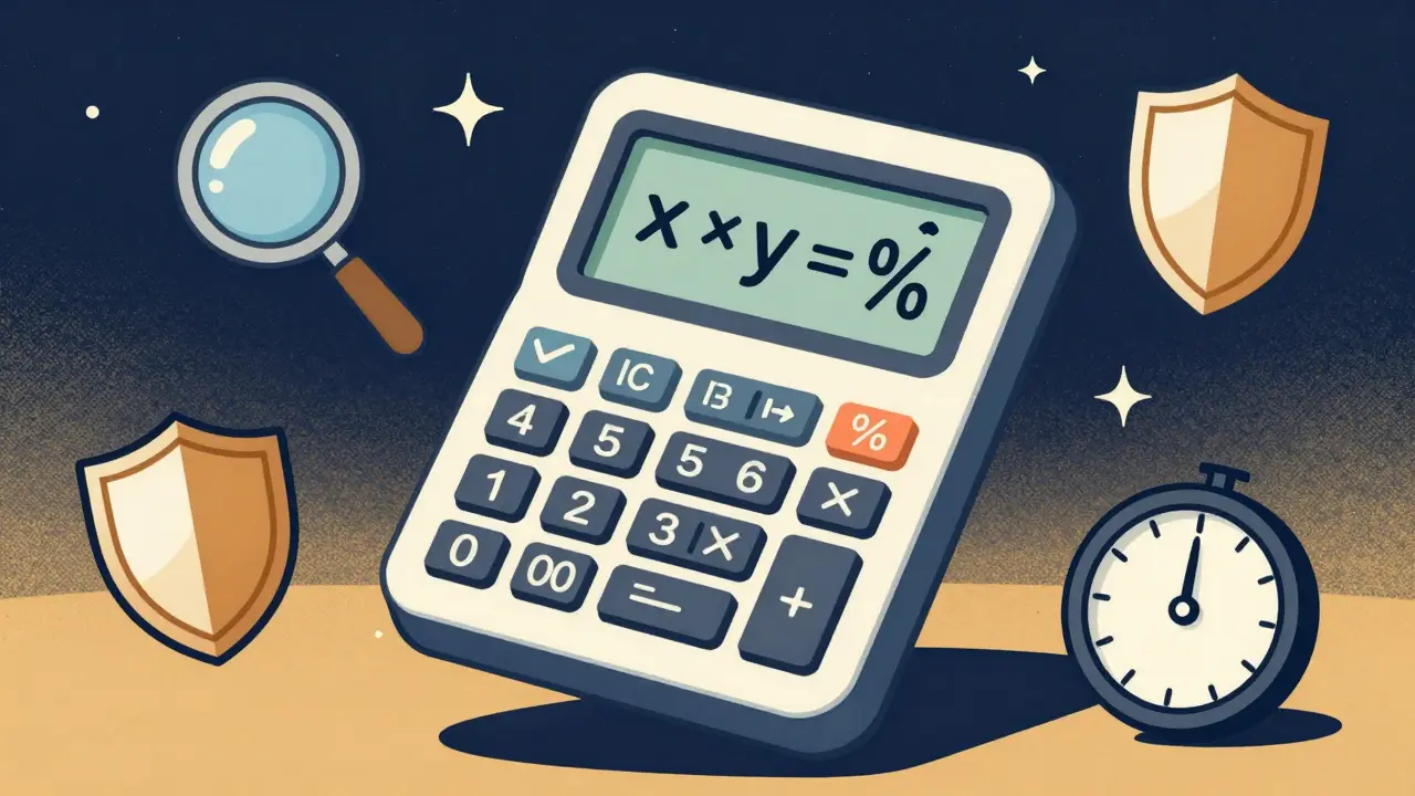 Retro calculator displaying AMM math formulas and risk tools