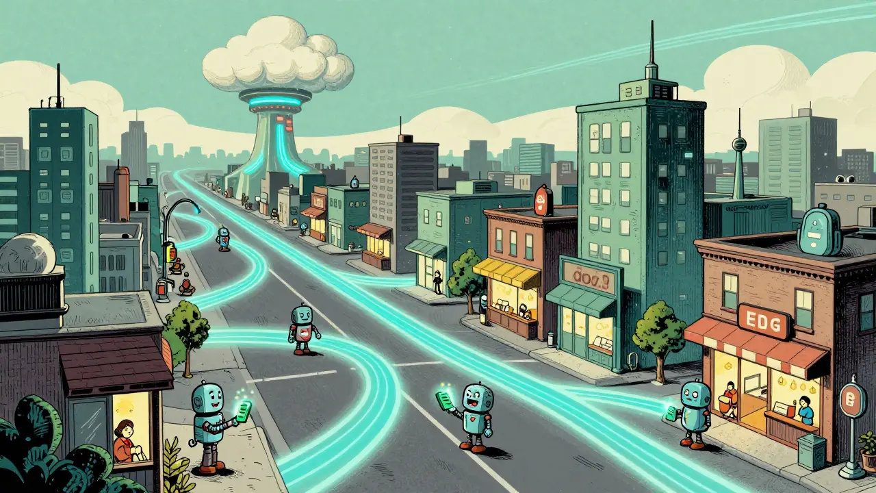 Retro illustration of edge computing nodes speeding up local business transactions.