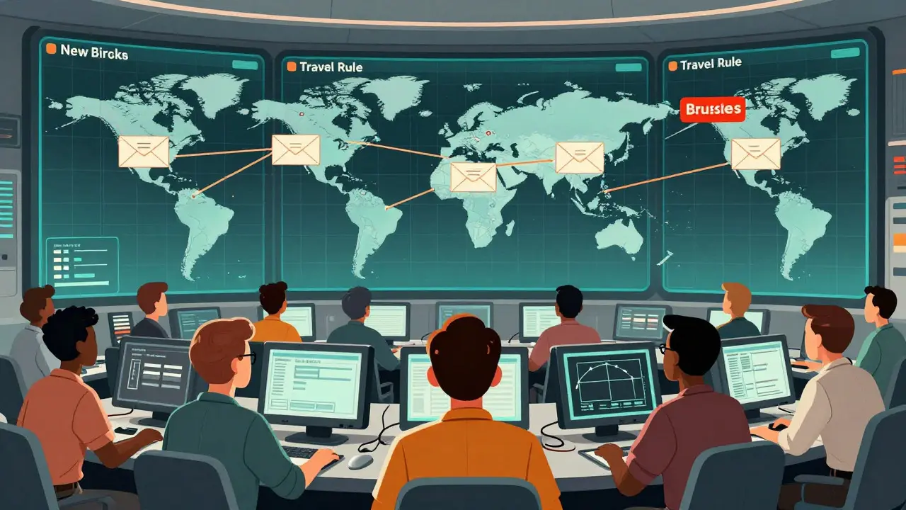 Retro illustration of global crypto compliance monitoring