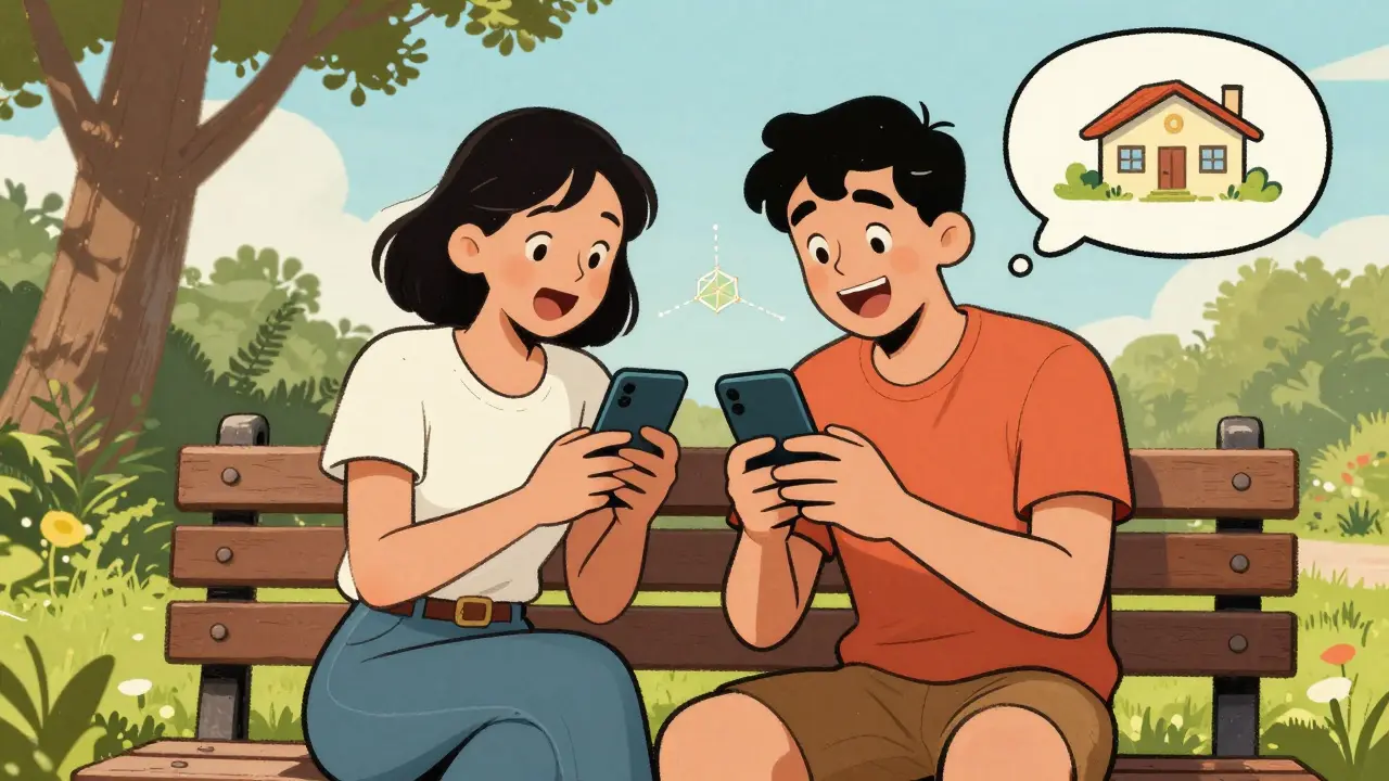 Retro illustration of P2P crypto remittance between friends