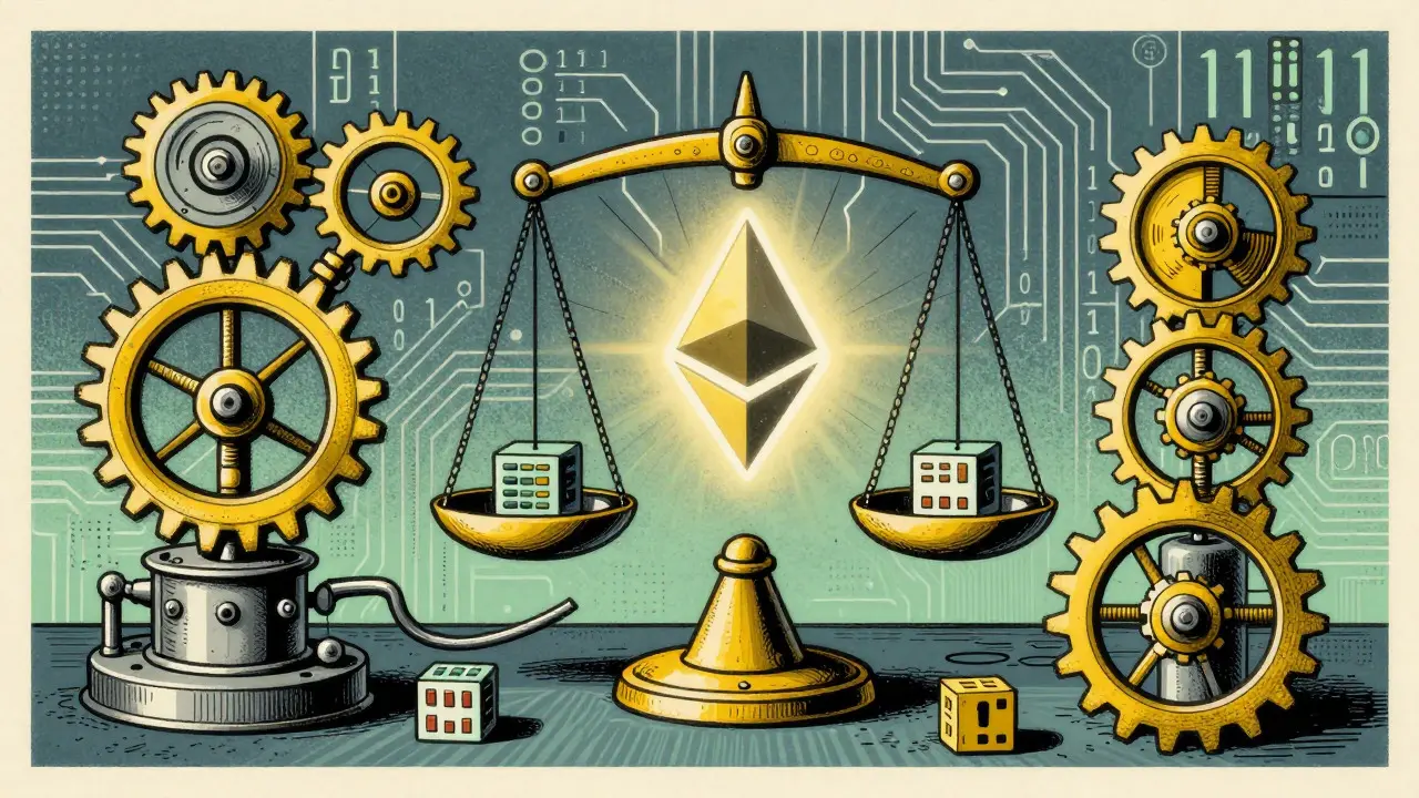 Retro illustration of Rube Goldberg machine representing blockchain atomicity