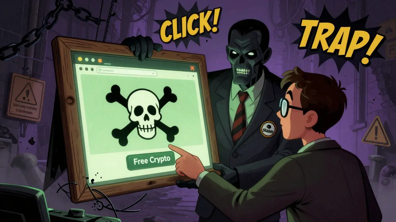 Retro illustration of scammer offering fake Steam crypto site to user
