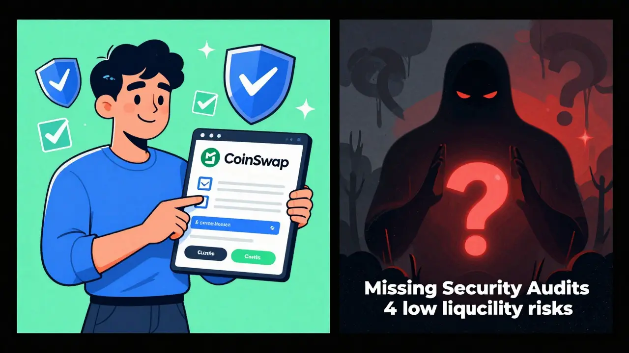 Split panel showing wallet connection safety vs audit risks