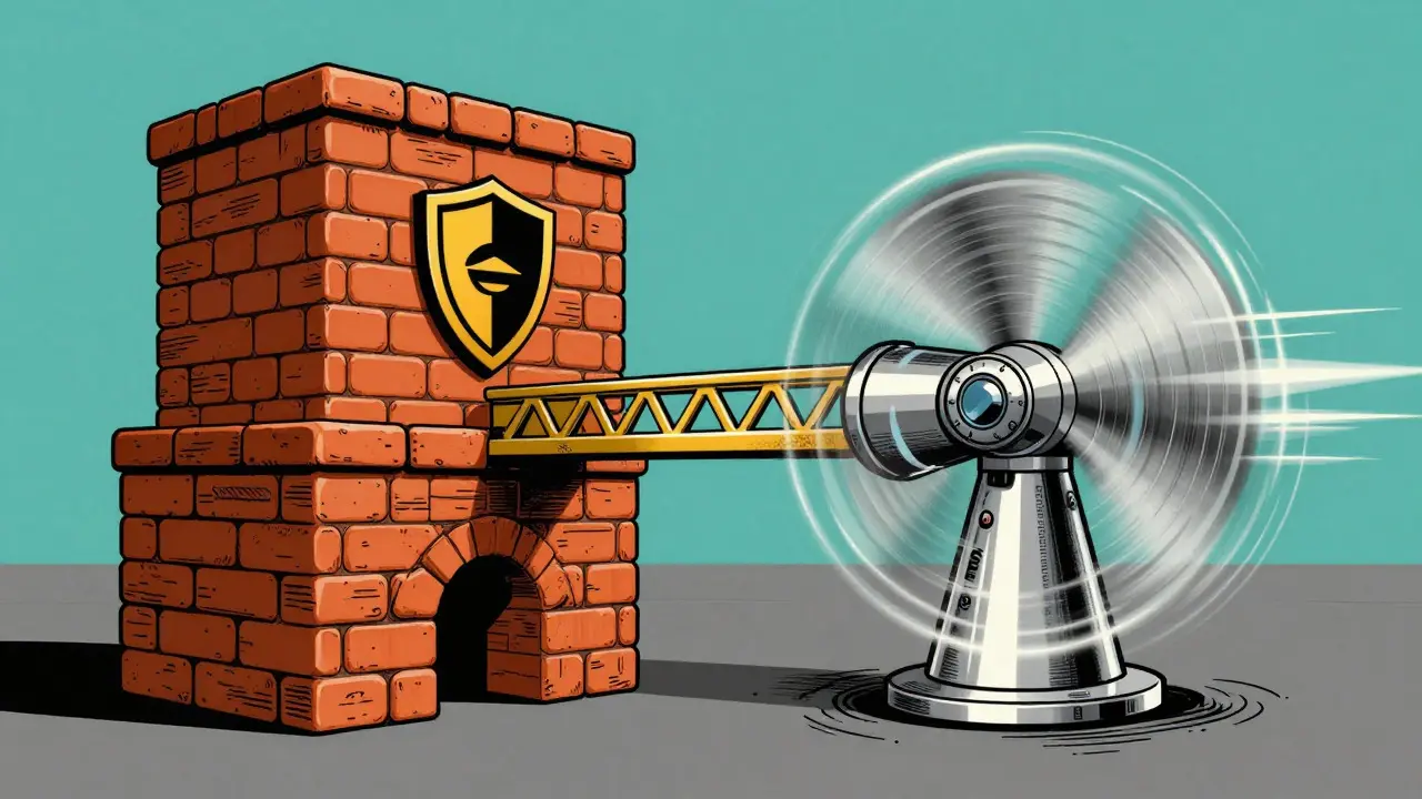 Split view of secure brick wall and fast turbine connected by a bridge.