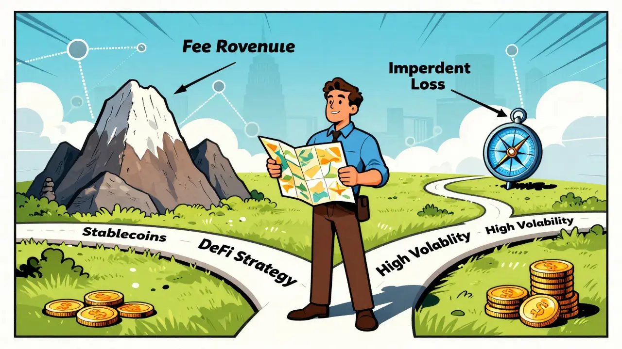 Trader choosing a safe DeFi path with strategy map and compass